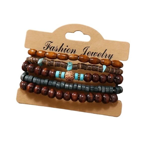 Natural Wood Beaded Charm Bracelets, Set of 5, Stretch Fit - Picture 9 of 9